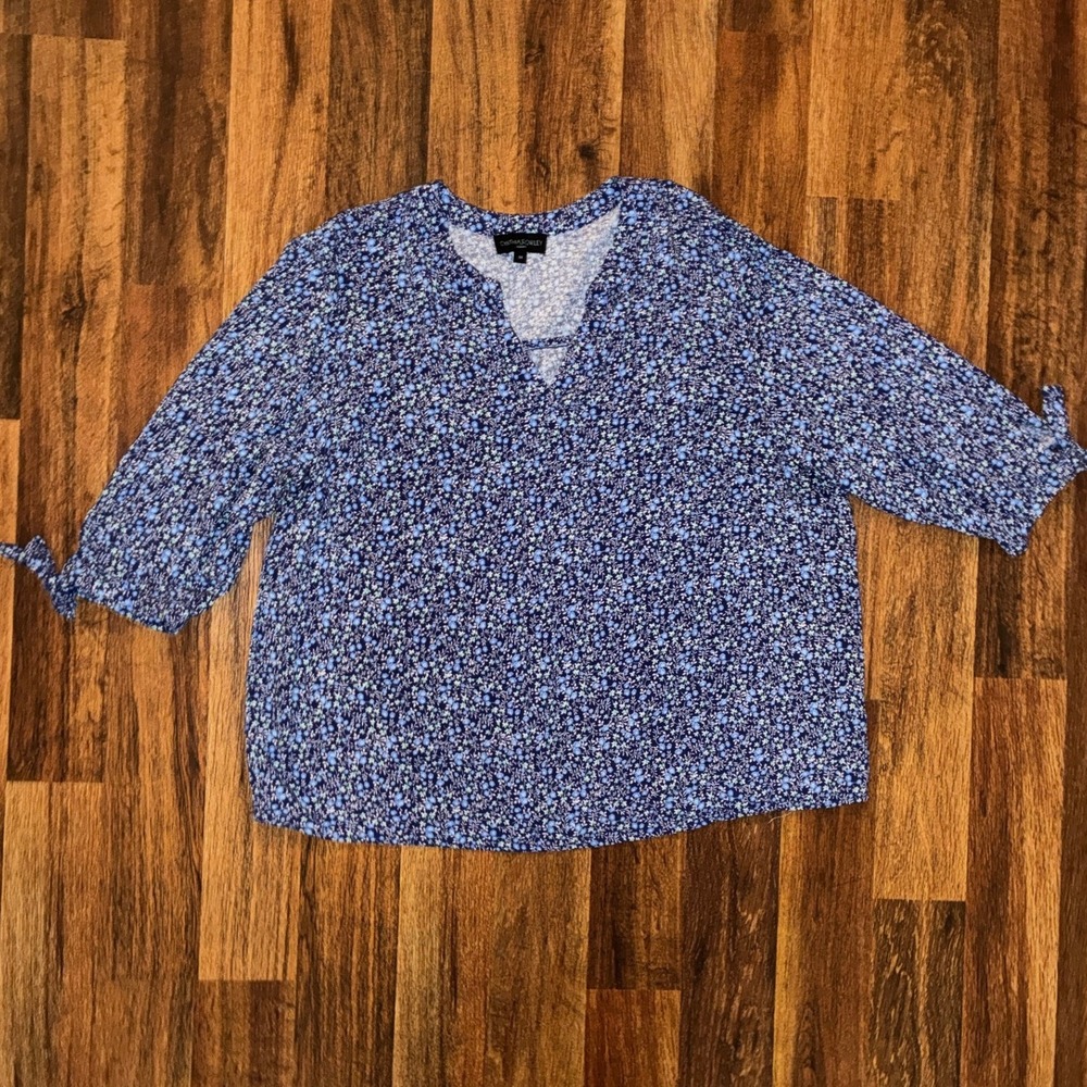 Cynthia Rowley Blue Floral Ditsy Print Split Neck Blouse Tie Sleeve Top XL